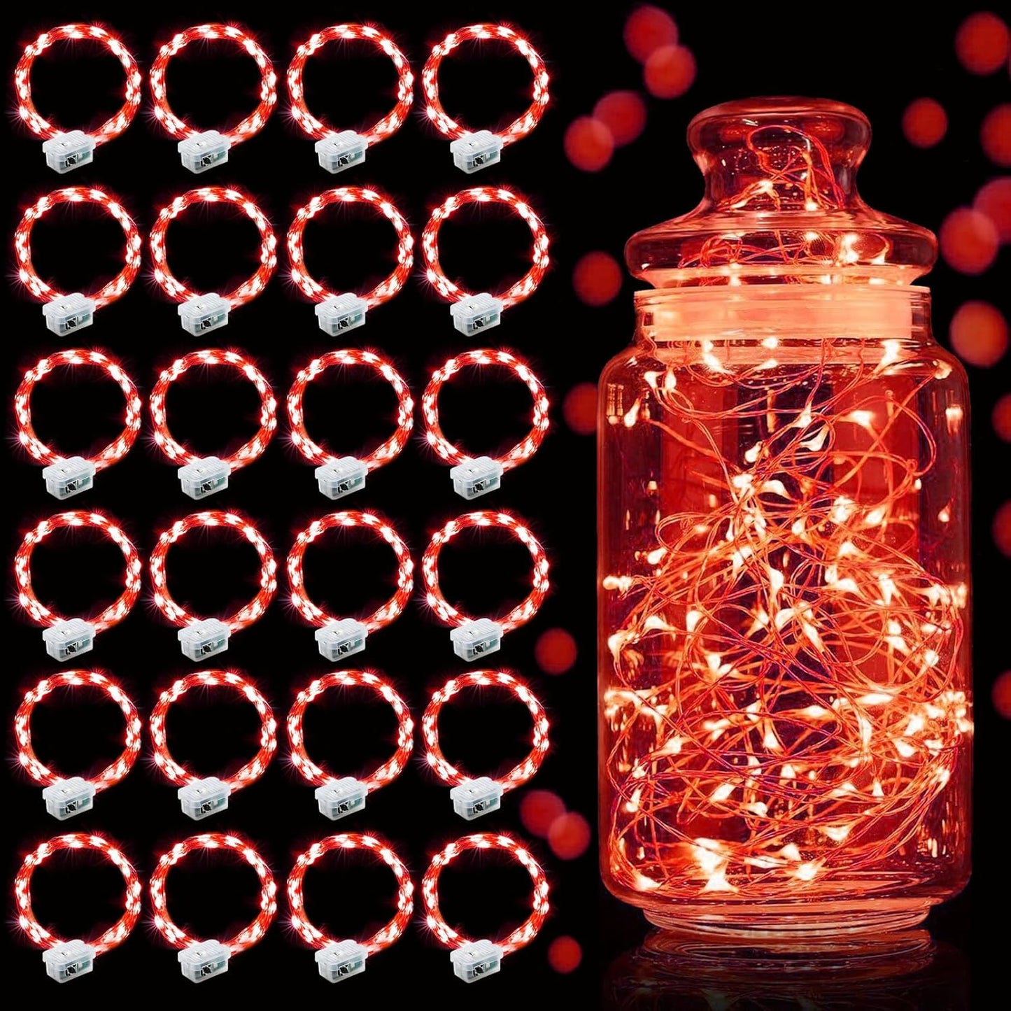 Aogist 24 Pack Fairy Lights 3 Modes 7ft 20 LED Waterproof,Battery Operated Silver Wire Firefly Starry Moon Mini String Lights for Mason Jars Christmas DIY Crafts Wedding Party Bedroom,Red