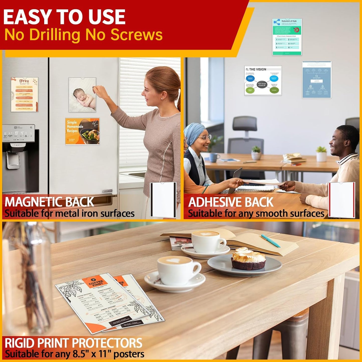 Magnetic Sign Holder 8.5 x 11 - Clear Plastic Frame for Refrigerator, Rigid Paper Holder for Picture Document, Adhesive Frames for Wall Window Door Sign 20 Pack