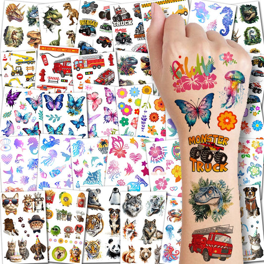 Temporary Tattoos for Kids - 320 Mixed Styles (36 Sheets) Tattoo Stickers Set for Boys and Girls, Car Dinosaur Hawaii Mermaid Watercolor Animals Tattoos for Kids Birthday Party Supplies