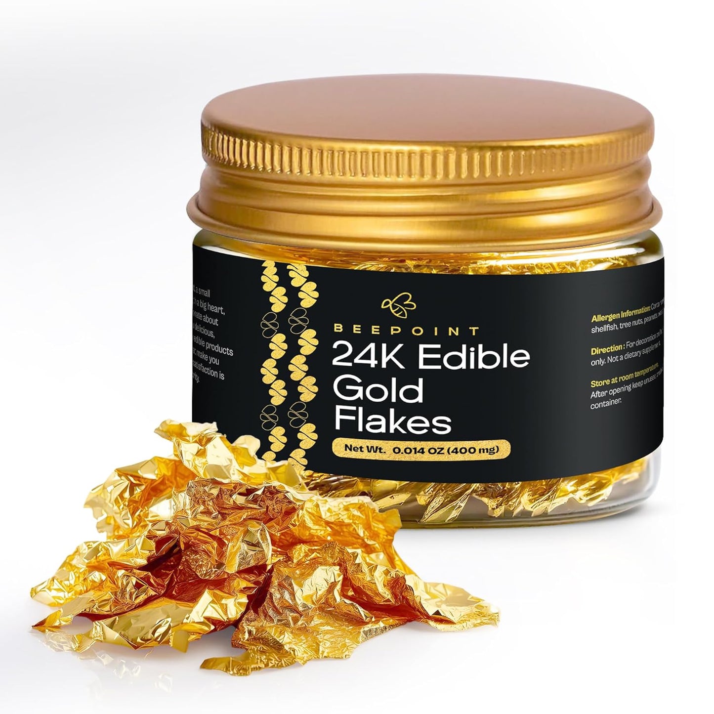 BeePoint 24K Edible Gold Foil Flakes - 400mg Gold Flakes for Cake Decorating, Baking, Cooking, Cupcakes, Chocolates, Drinks - Edible Gold Sheets