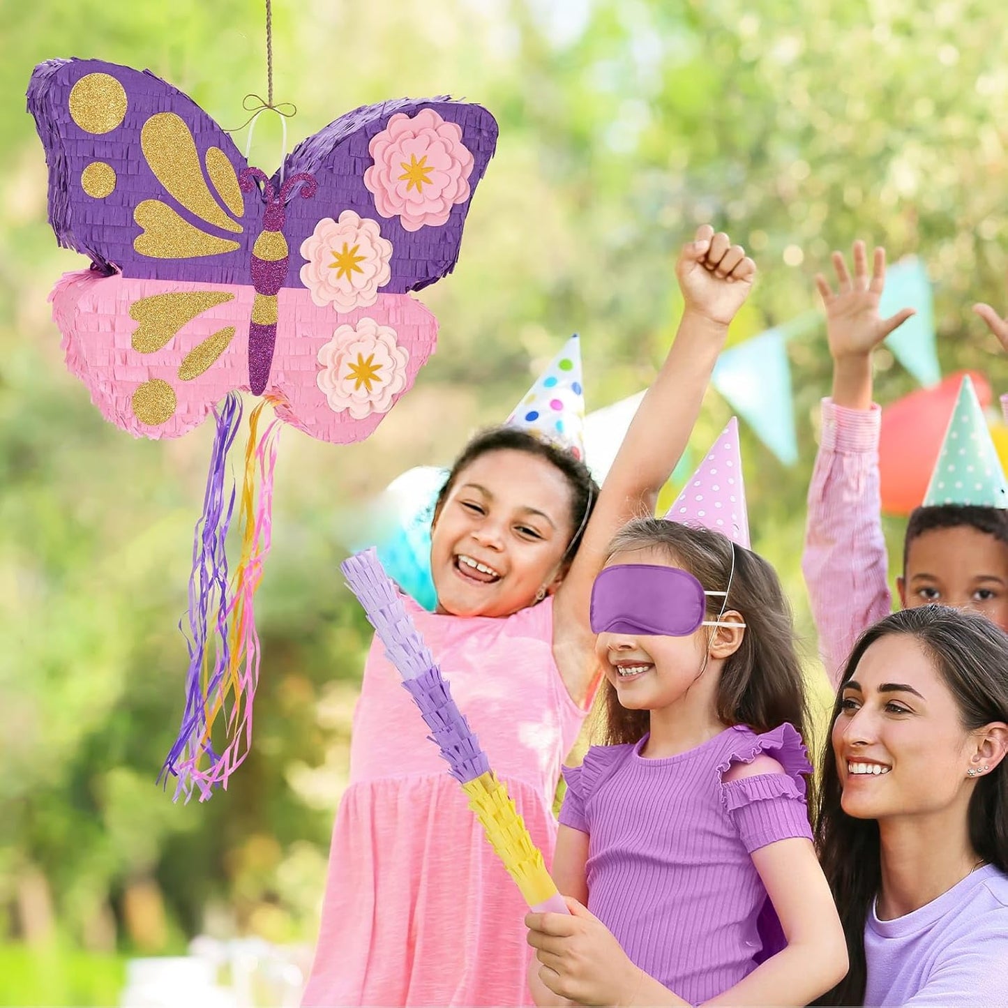 WERNNSAI Butterfly Piñata - Butterfly Birthday Party Supplies Pinata with Stick and Blindfold for Girls Kids Pull String Piñata Family Games Classroom Birthday Party Decorations 16.4” x 12.4”