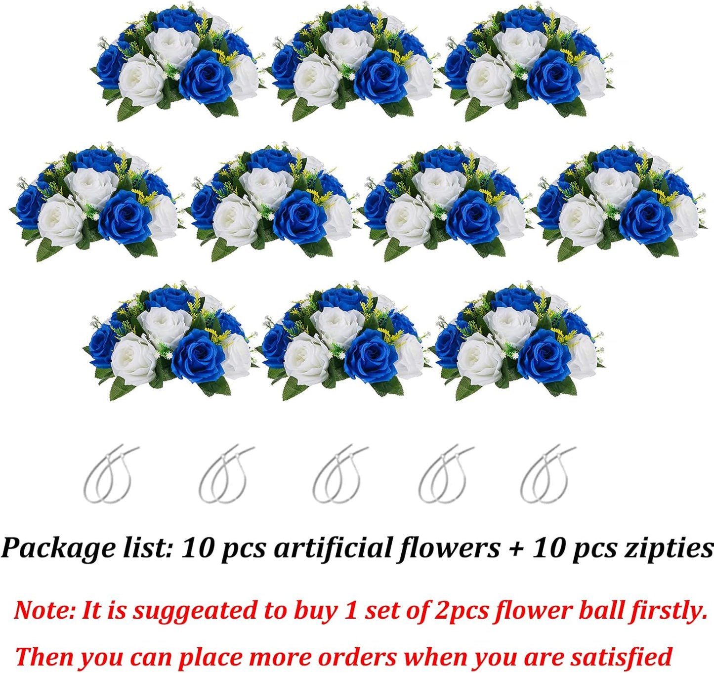BLOSMON Rose Flowers Artificial for Decoration: 10 Pcs Royal Blue White Fake Kissing Balls for Wedding Table Centerpieces - Artificial Silk Floral Bouquet Arrangements for Home Party DIY Decor