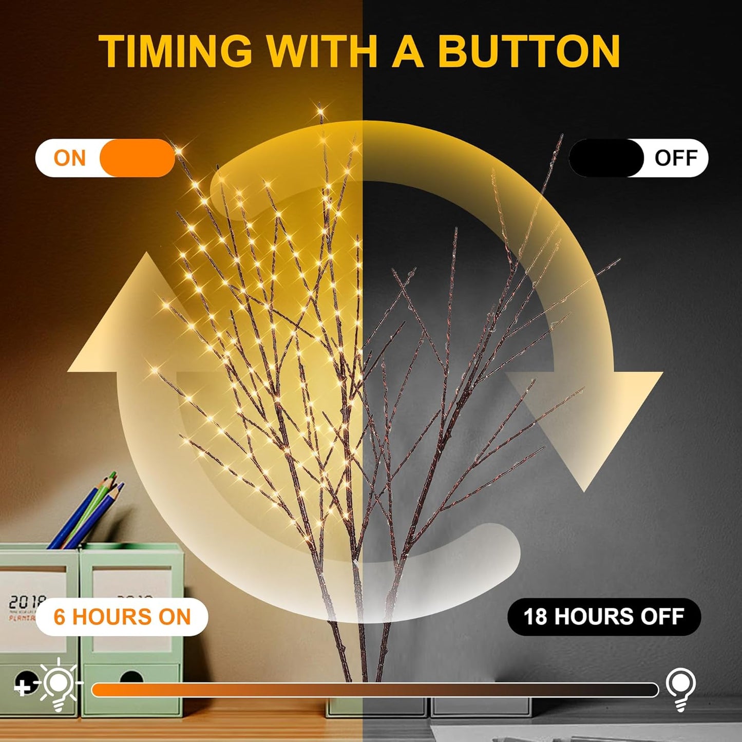 33in Lighted Branches with 180 LED Lights, Twinkling Light Up Tree with Timer, DIY Flexible Lighted Branches for Home Décor, Bedroom, Wedding, Party