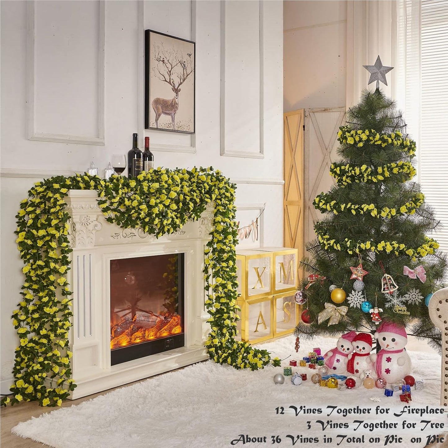 8 Pcs x 8.2 ft Flower Garland Artificial Rose Vine Flowers with Green Leaves Hanging Fake Roses Vine for Room Party Home Wedding Birthday Christmas Wall Arch Decor, Spring Yellow Flower