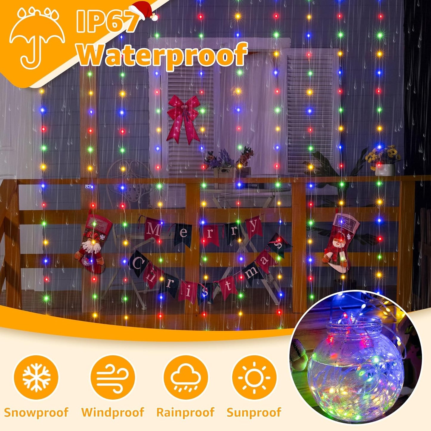 Ollny Curtain Lights 300 LED 9.8FT x 9.8FT, Connectable IP67 Waterproof Outdoor Christmas Curtain Lights with Remote, Plug-in Untangle Fairy Lights with 8 Modes&Timers for House Decor(Multicolored)