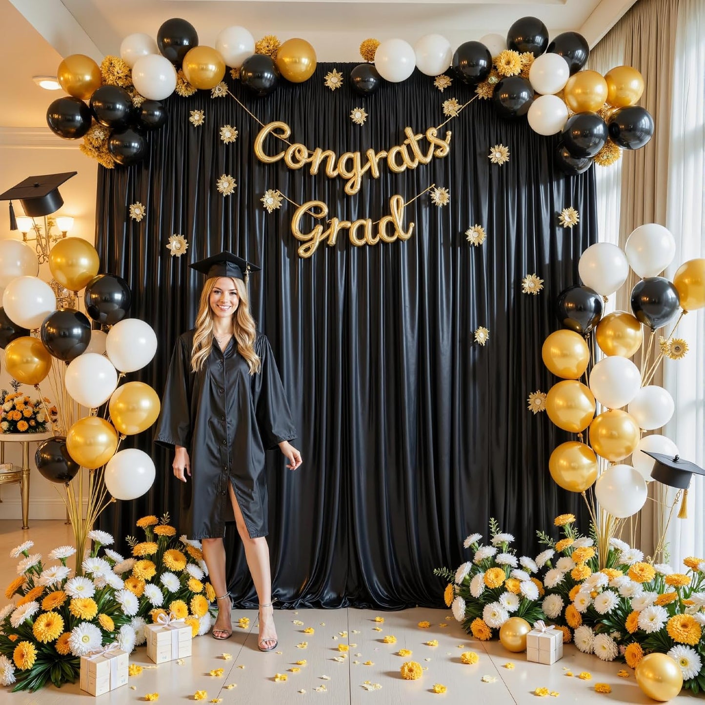 10x10 ft Black Glitter Backdrop Curtain for Parties, Wrinkle Free Satin Photo Backdrop Drapes 2 Panels 5x10FT Shimmer Back Drop Cloth for Wedding Birthday Halloween Photography Background Decor