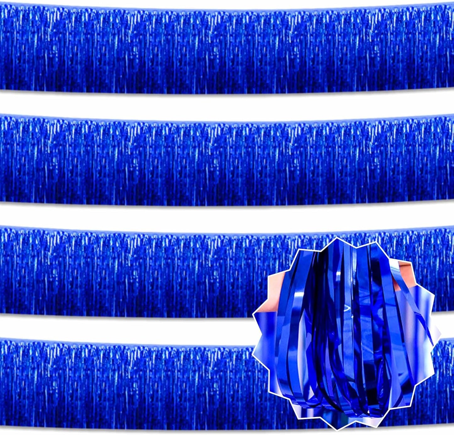 4 Pack 10 Ft Blue Foil Fringe Garland Metallic Streamers Tinsel Banner Wall Hanging Garland Backdrop for Parade Floats, Halloween, Christmas, Thanksgiving, New Year Party Decorations