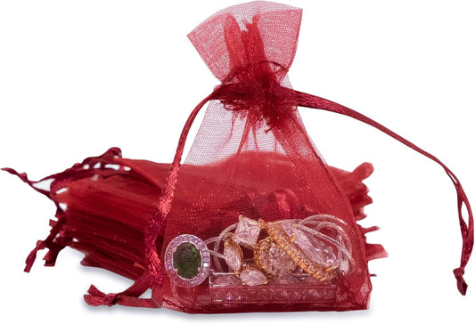 TheDisplayGuys 100-Pack XS 2 x 2 3/4" Maroon Sheer Organza Gift Bags with Drawstring, Goodie Bags for Jewelry, Candy Bags, Treat Bags, Wedding Favors Small Mesh Bags