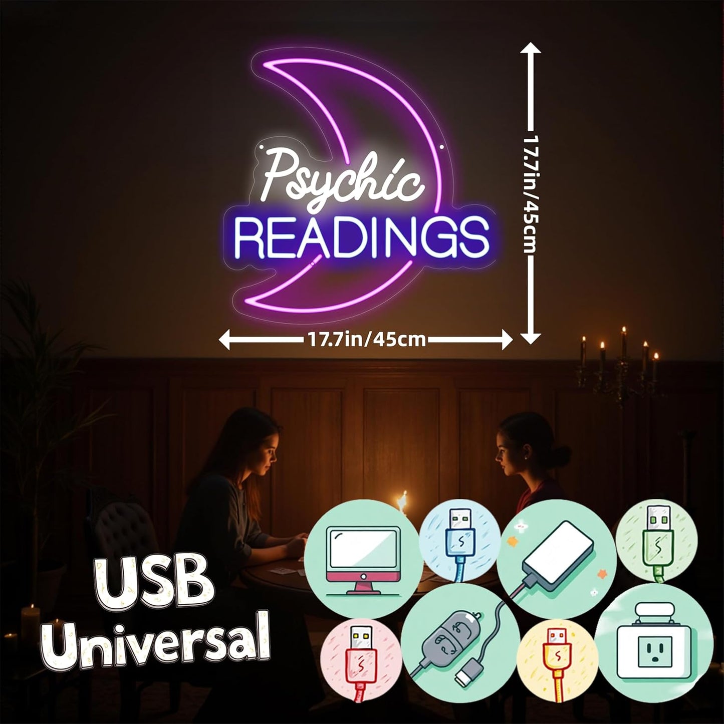 Psychic Moon Tarot Cards Neon Sign, Psychic Reading Led Light, Moon Star Shop Decor, Gothic Lover Gift, Dark Gothic Wall Art, Fortune Teller Sign for Psychic Tarot Room Wall Decor Tarot Reader Gifts