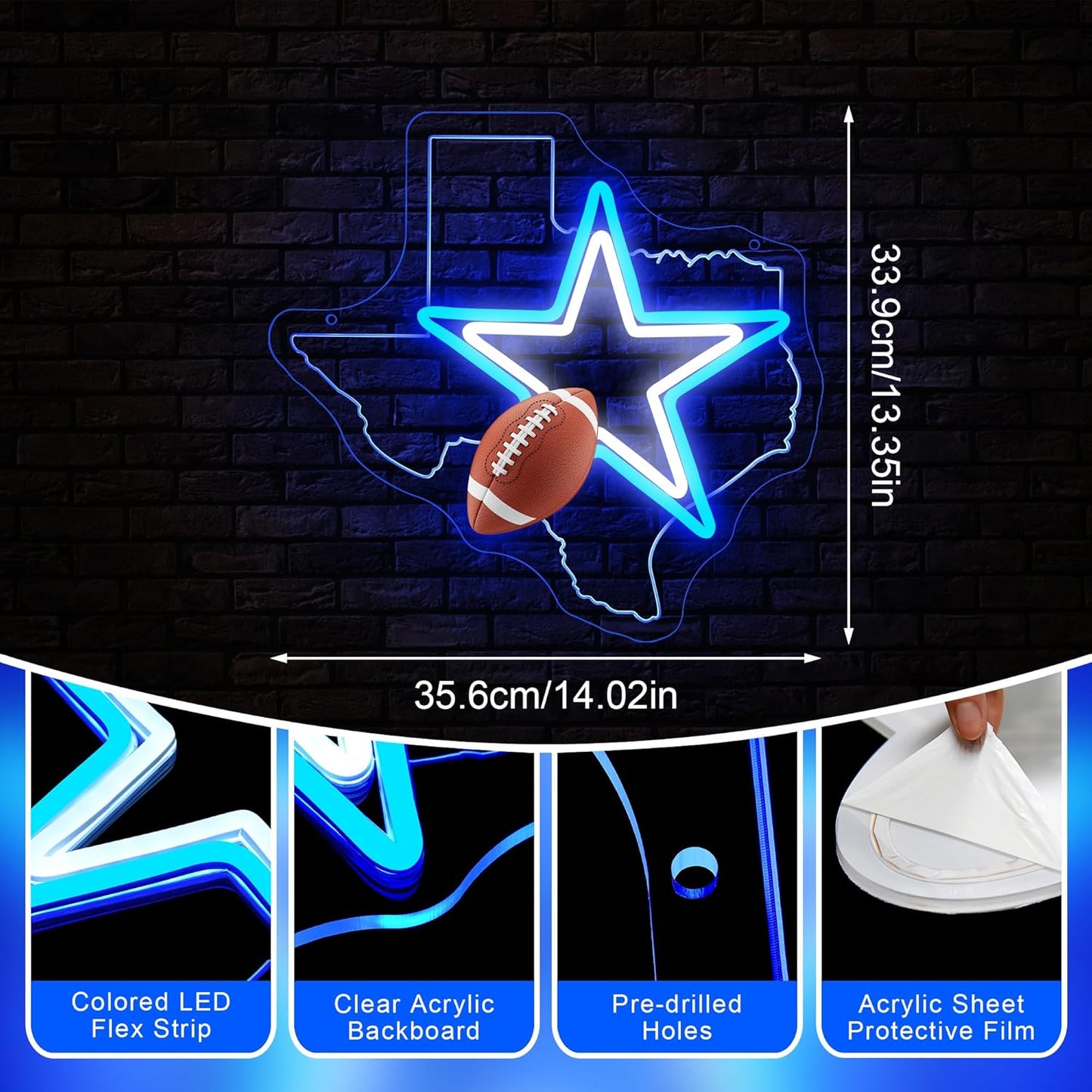 Cowboy Football Neon Sign Texas Neon Sign for Wall Decor - Neon Star Acrylic USB Powered LED Wall Art Decor, Light Up Sign Dimmable, for Man Cave Bedroom Bar Club Party Game Room 14.02 x 13.35 Inches