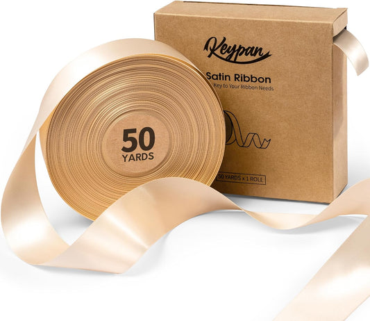 Light Champagne Satin Ribbon 1-1/2 Inch x 50 Yards Double-Faced Polyester Ribbons for Flower Bouquet Gift Wrapping Party Decor Wedding Invitation DIY Craft