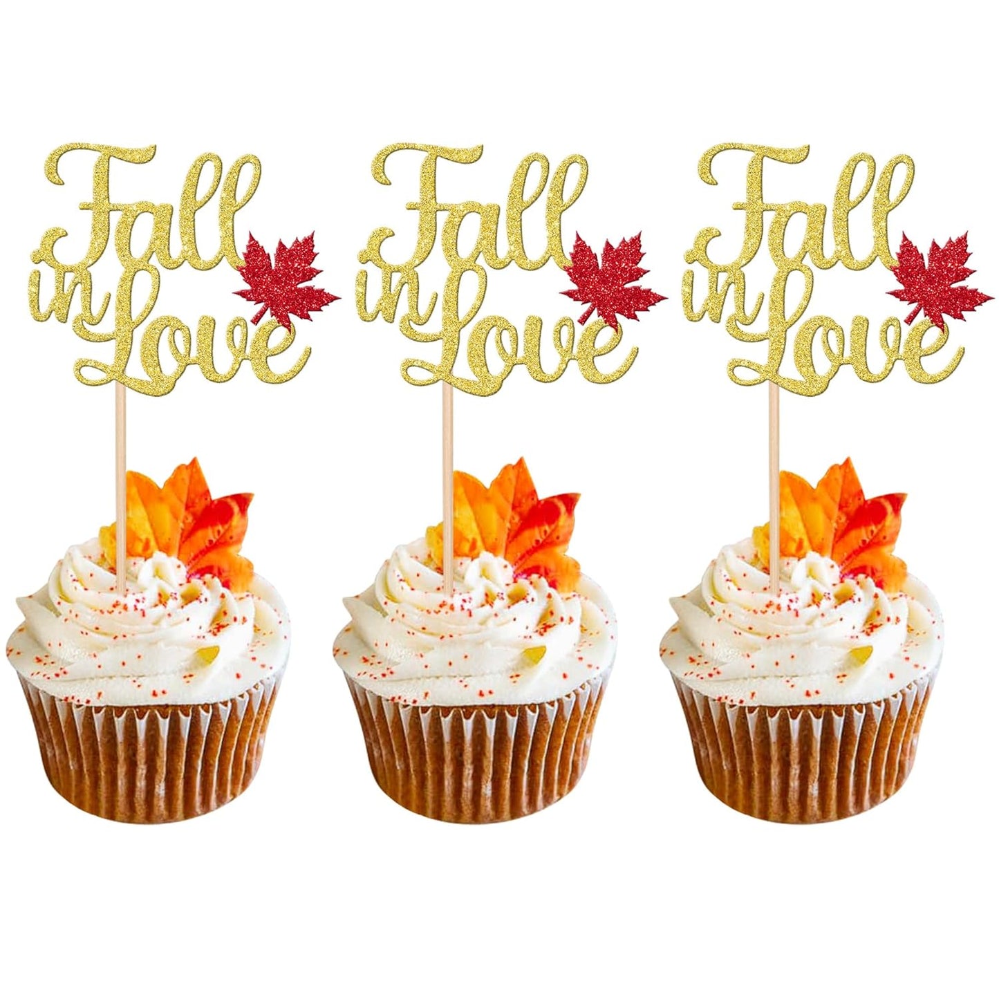 24 PCS Fall in Love Cupcake Toppers Glitter Maple Leaf Fall Theme Bridal Shower Cupcake Picks Wedding Engagement Cake Decorations for Autumn Wedding Anniversary Bridal Shower Party Supplies Gold