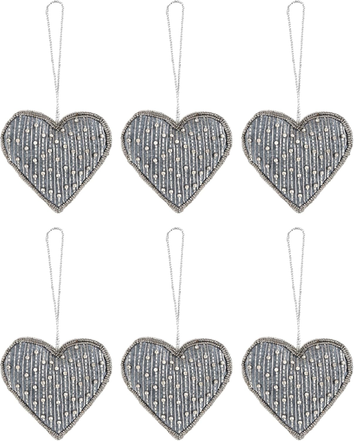 Set of 6 Beaded Heart Ornaments - Rustic Hanging Love Decorations, Farmhouse Wall Decor, Romantic Gifts for Her, Him, or Couples - Handmade Valentine’s Day & Mother’s Day Decor (Grey) - CLEENTABLE