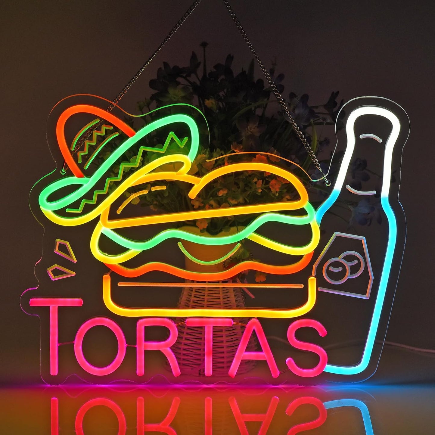 CNBEYOUNG Tortas Neon Sign, Neon Lights Hanging Wall Art Decoration for Mexican Restaurants Shop Bar Food Truck Kitchen Party Home Decor, USB - Driven, Super Bright & Adjustable,16.54x 12.6inches