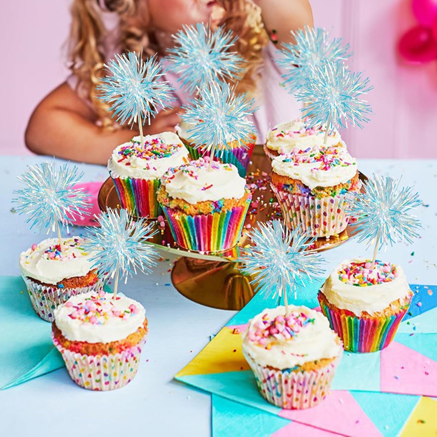Gyufise 30Pcs Foil Firework Cupcake Toppers Sparkle Tinsel Cake Toppers Tinsel Drink Cake Decoration Cocktail Picks for Birthday Wedding Graduation Party Supplies Laser Blue