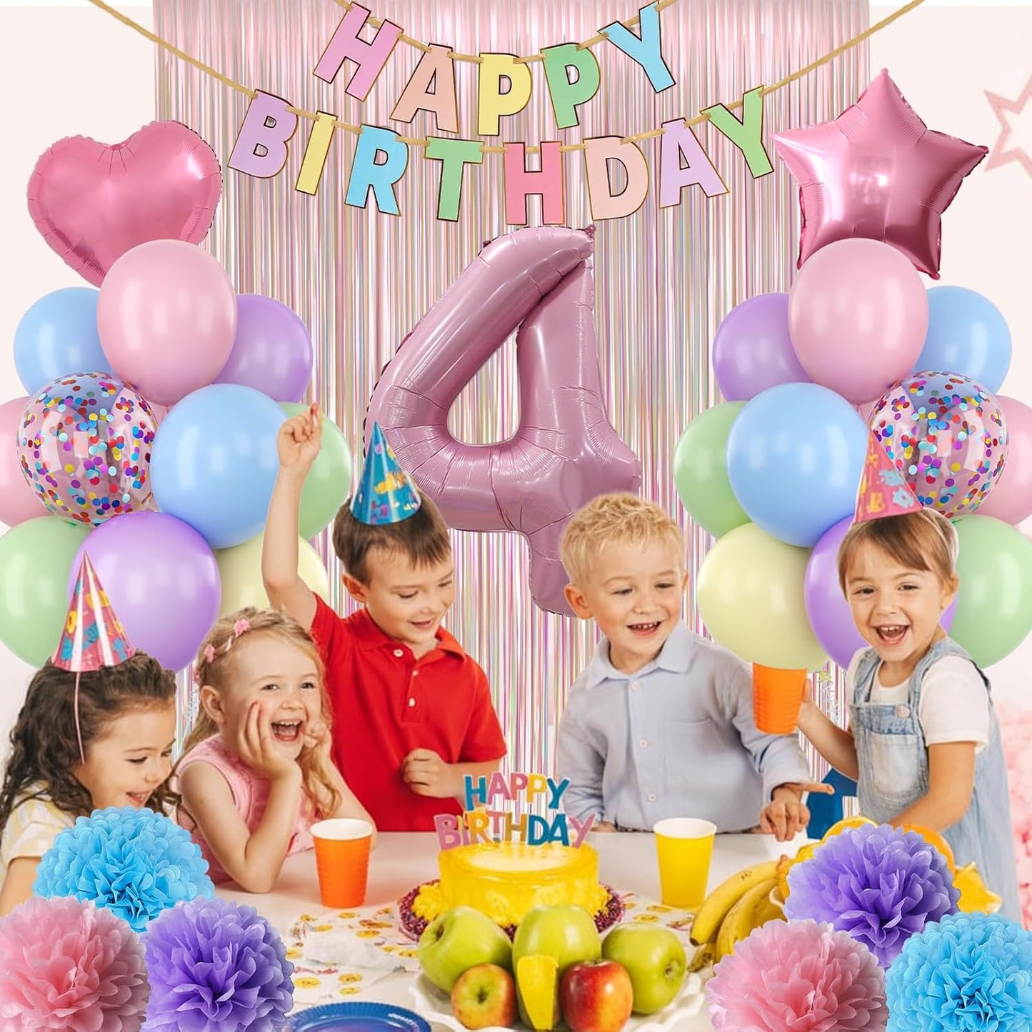 Pastel 4th Birthday Party Decorations for Girls Number 4 Balloon Happy Birthday Banner Butterfly Stickers Fringe Curtain Paper Pom Poms Macaron Pink Star Heart Foil Colorful Balloons 4 Year Old Decor