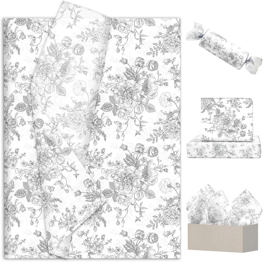 JarThenaAMCS 100 Sheets Floral Tissue Paper Silver Flower Gift Wrapping Paper Vintage Decorative Art Paper for Home Party DIY Crafts Supplies, 14 x 20 Inch