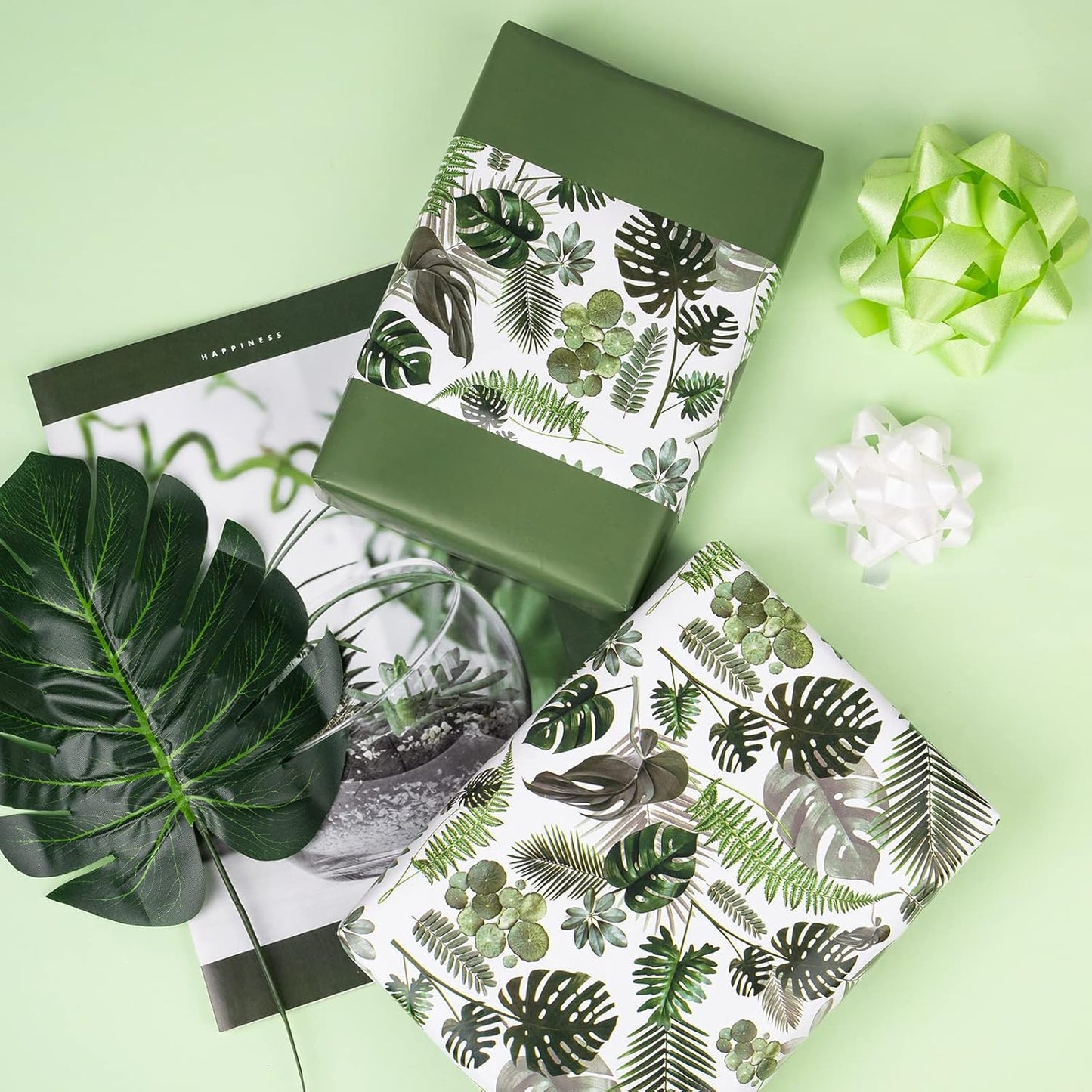 WRAPAHOLIC 30 Inch Reversible Wrapping Paper - 30 Inch X 100 Feet Jumbo Roll Green Monstera Leaf Design, Perfect for Birthday, Party, Baby Shower and More Occasions