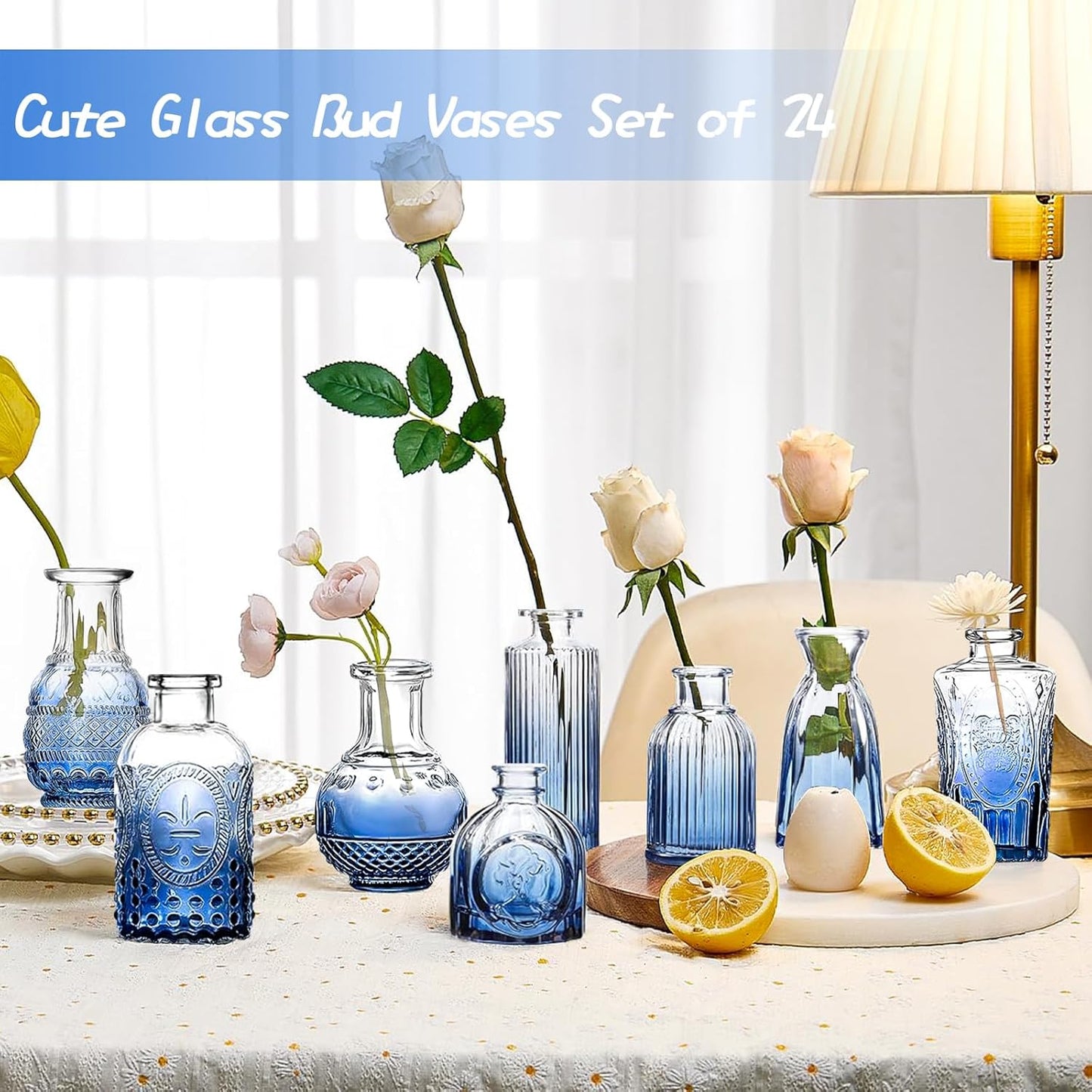 Bud Vases Set of 24, Gradient Blue Vintage Small Vases for Flowers, Clear Crystal Mini Glasses in Bulk, Small Flower Design for Centerpieces Wedding Home Flower Party Decor
