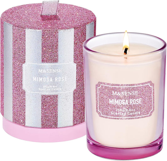 M&SENSE Rose Scented Candles, Classic Size 8.8 oz Glitter Jar Candles, Holiday Candles Gifts for Women, Strong Scented Natural Soy Candle for Winter Home Decor, 50 Hours Long Burning Candles