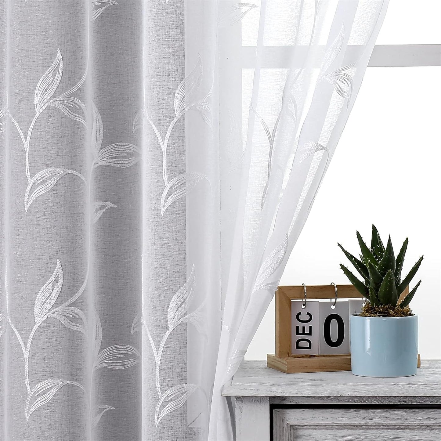 VISIONTEX White Sheer Voile Curtains, Decorative White Embroidery Faux Linen Rod Pocket Window Drapes for Home Kitchen, Living Room and Bedroom 54 x 72 Inch, Set of 2 Curtain Panels