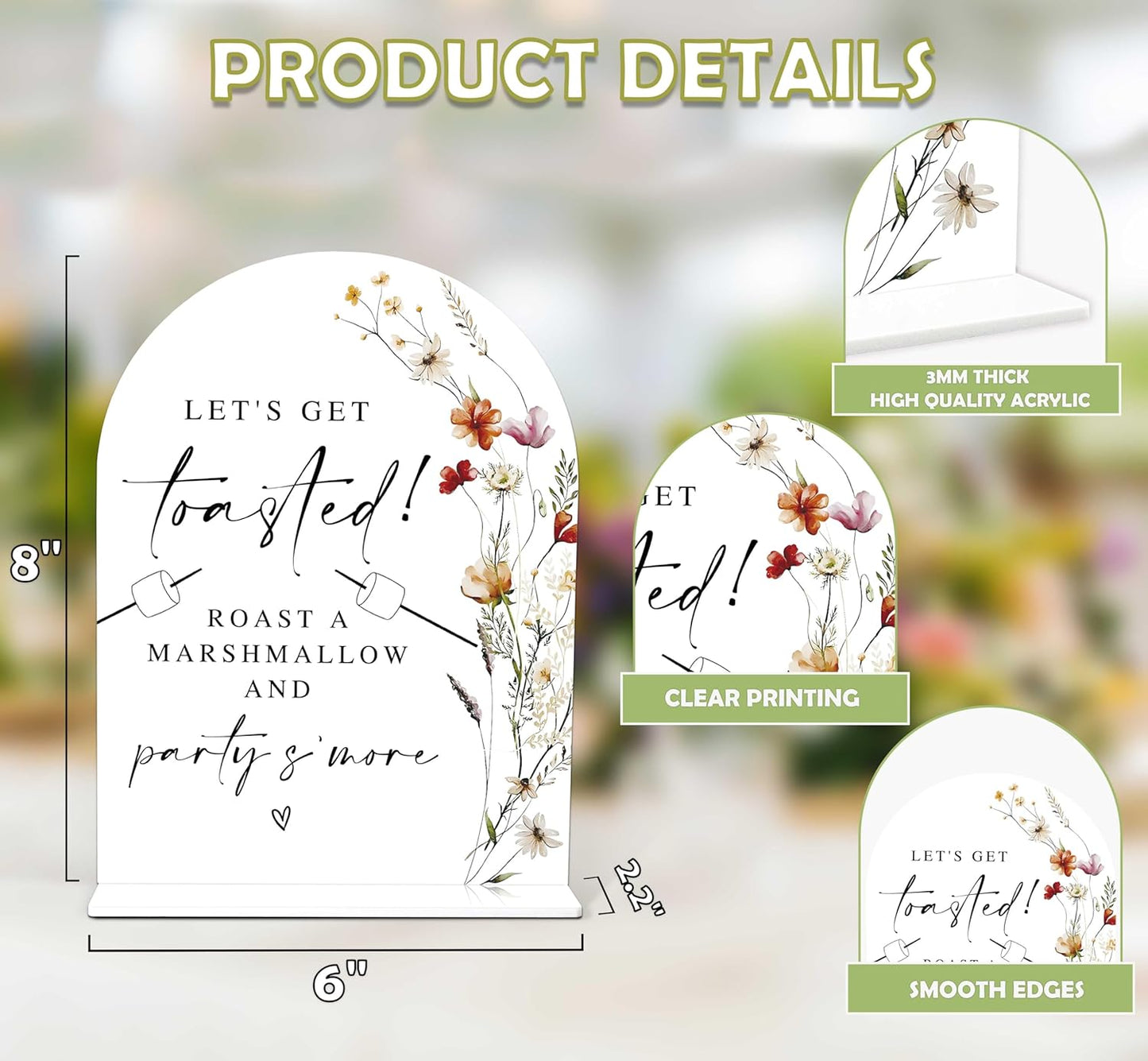 Boho Floral S'mores Bar Sign, 6 x 8 Inch White Arch Acrylic Wedding Sign with Holder, Wedding Sign for Ceremony and Reception, Wedding Decoration, Wedding Supplies - BX20