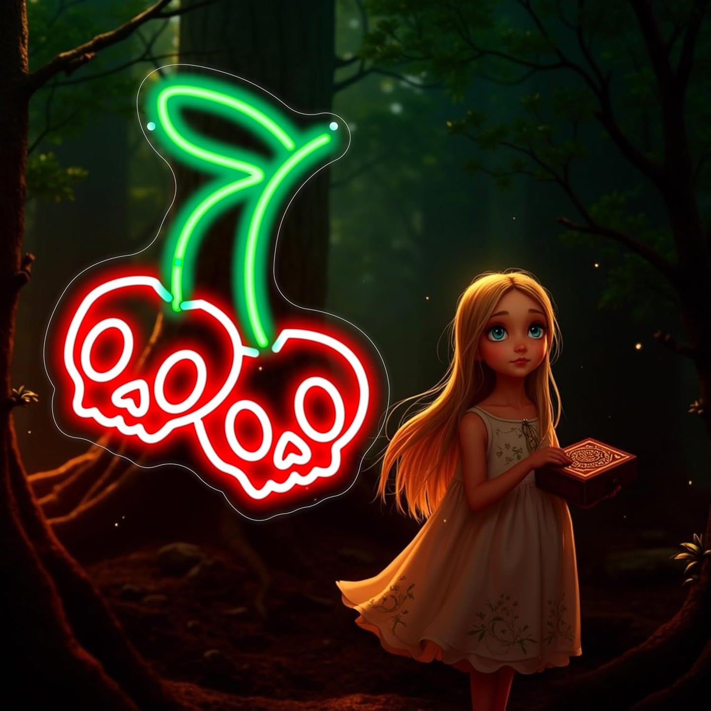 Halloween Cherry Skull Neon Sign, Gothic Neon Sign, Halloween Skull Lover Gifts, Skull Room Wall Decor for Man Cave Beer Bar Club Game Room Halloween Party Decor Gifts-Large-17.72IN