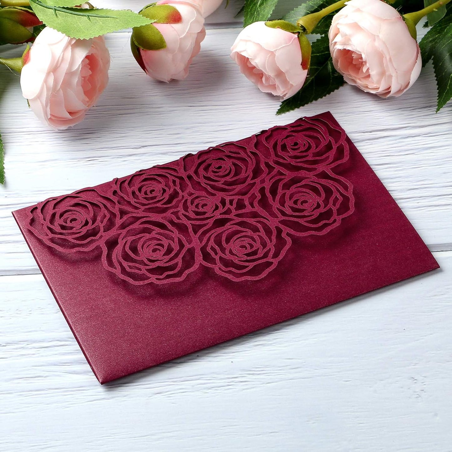 20 Pcs Laser Cut Wedding Invitations Card Pocket with Envelope for Birthday Party Baby or Bride Shower Invite suitable for 5 * 7 Inches Insert Paper (Burgundy)