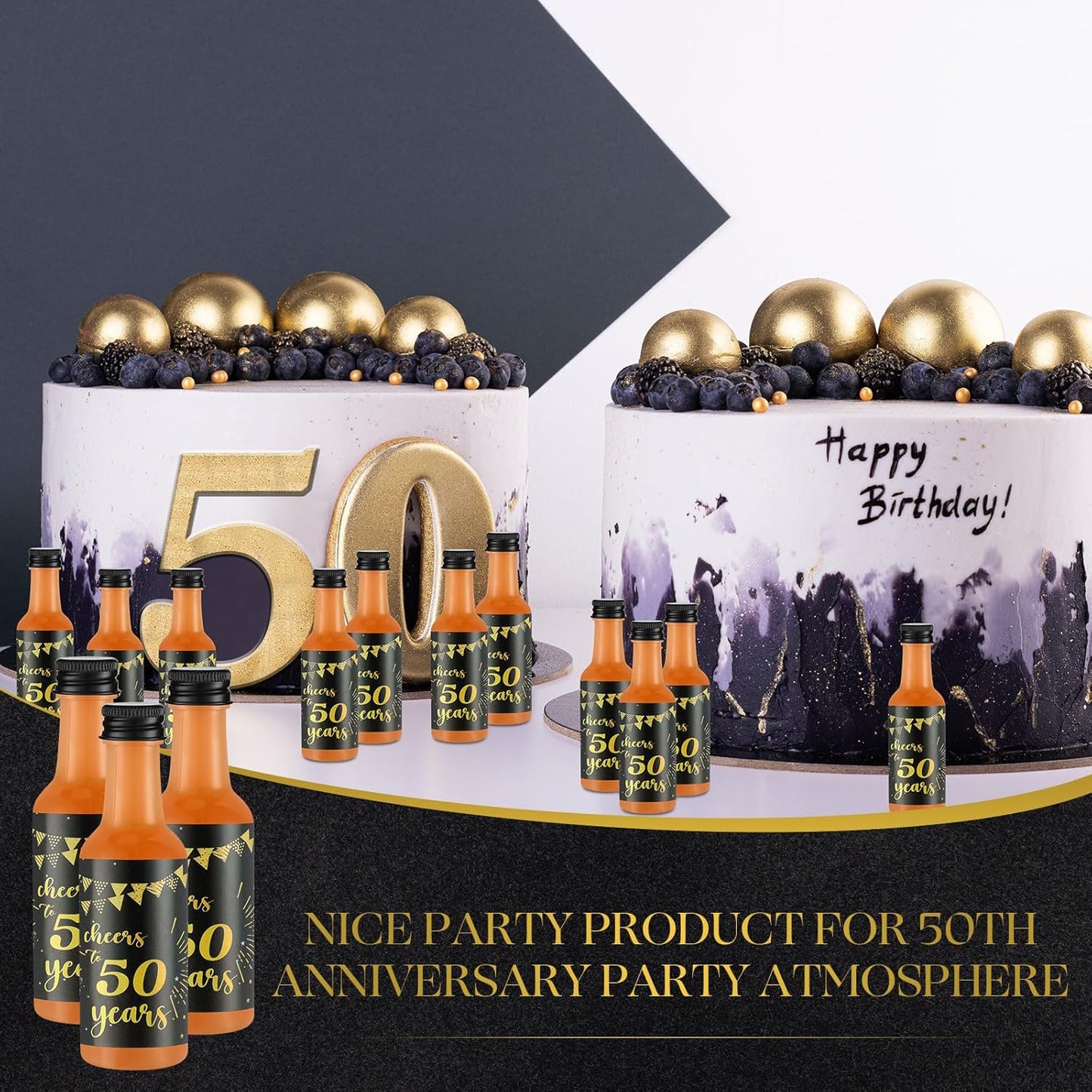 Vesici 50 Pack Mini Liquor Bottles 1.7oz Shot Mini Wine and Champagne Bottle Birthday Sticker with 2 Funnels Birthday Party Favor for Adult Guest Women Men Anniversary Celebration(Cheers to 50 Years)