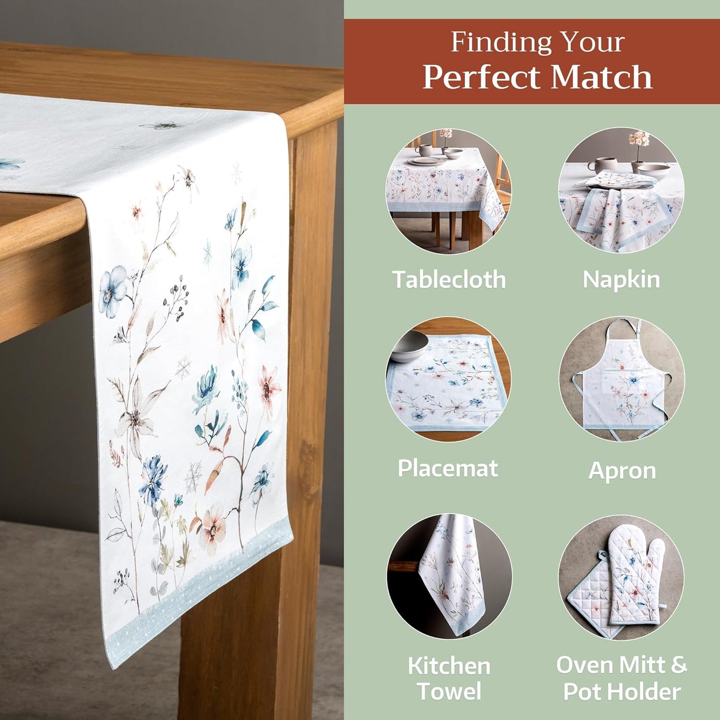 Maison d' Hermine Table Runner 100% Cotton Double Layer Table Runners 72 inches Long for Thanksgiving Christmas Decorations Home Kitchen Dining Party Wedding (Ice Florals, 14.5" x 72")