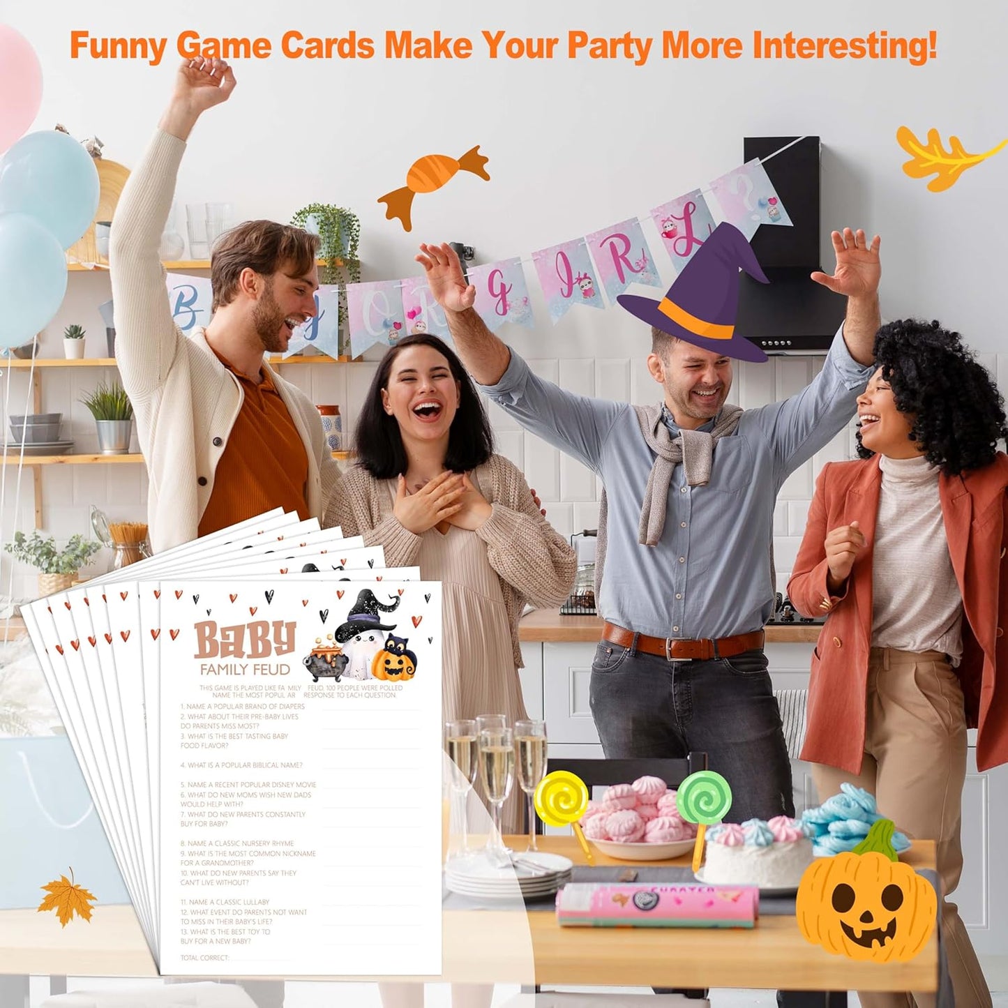 Baby Shower Games, Halloween Baby Family Feud, 25 Double-Sided Game Cards + 1 Answer Card for Gender Reveal Party Decorations Supplies Announcement - B06