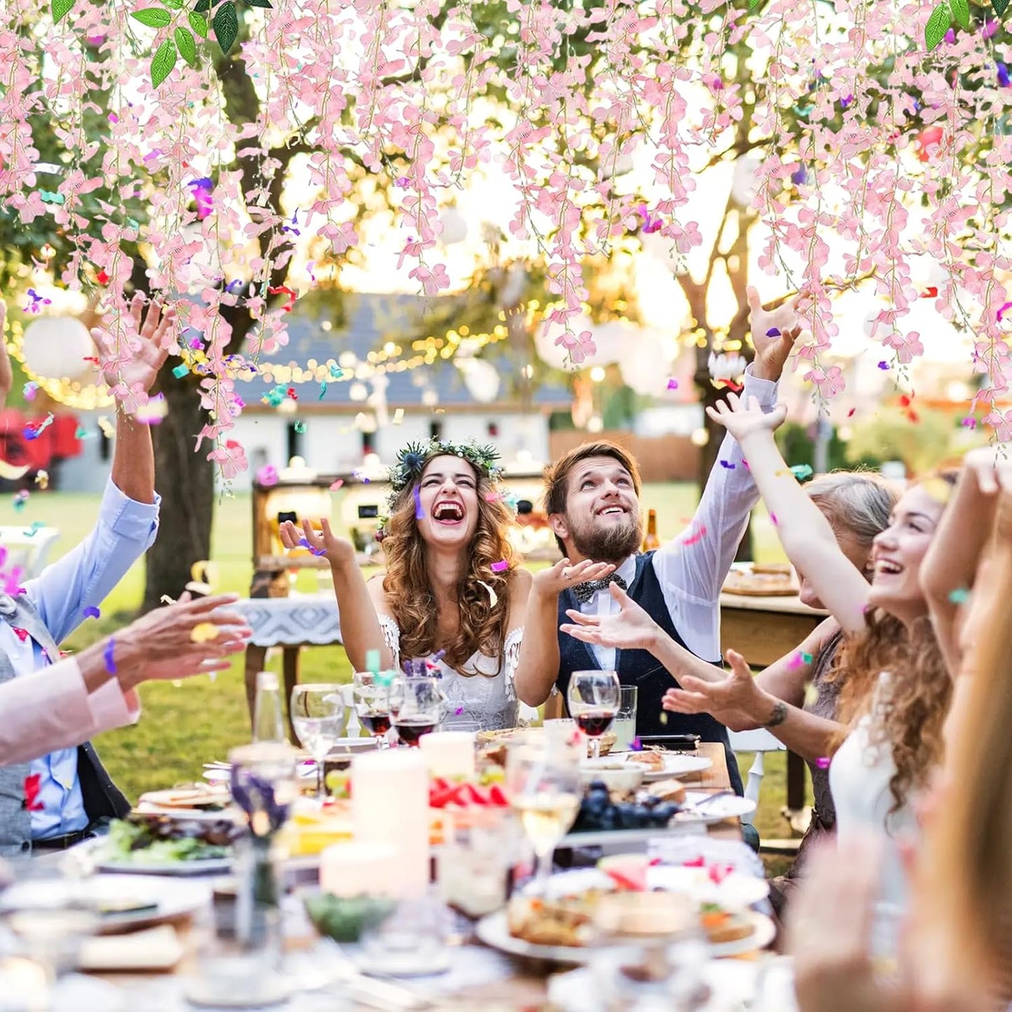 24 Pack Light Pink Wisteria Hanging Flowers, 3.4 Ft Fake Hanging Flowers, Artificial Wisteria Garland Vines for Wedding Room Backdrop Outdoor Patio Garden Decoration