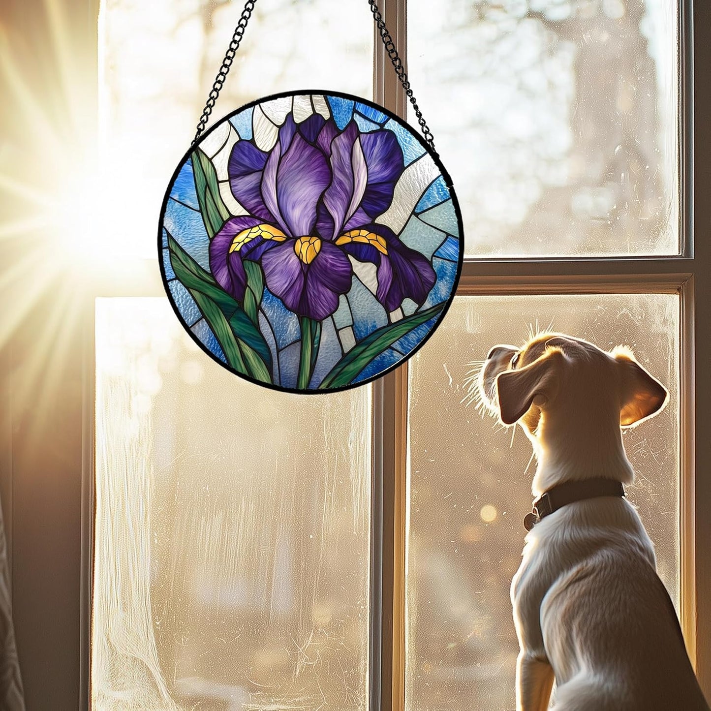 Stained Glass Window Hanging - Iris Birth Flower Suncatcher for Doors Garden Yard Purple Blue Sun Catchers Decor Christmas Mother's Day Birthday Gifts for Teacher Women Mom Nana 11.8 in