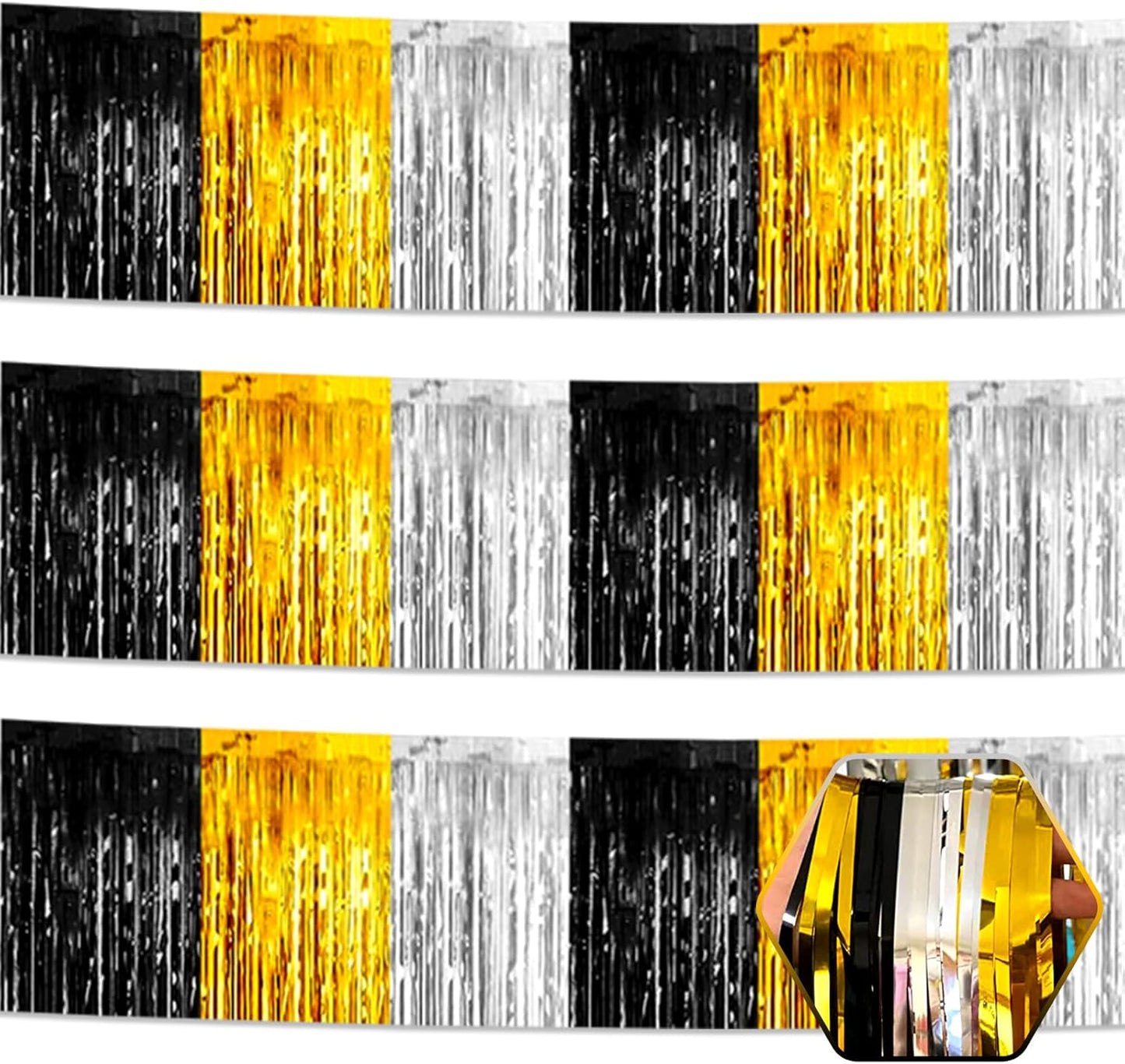 3 Pack 10 Feet Black Gold Silver Foil Fringe Garland Metallic Tinsel Streamers Banner Wall Hanging Curtain Backdrop for Parade Floats Christmas, Valentine's, Thanksgiving, Birthday Party Decorations