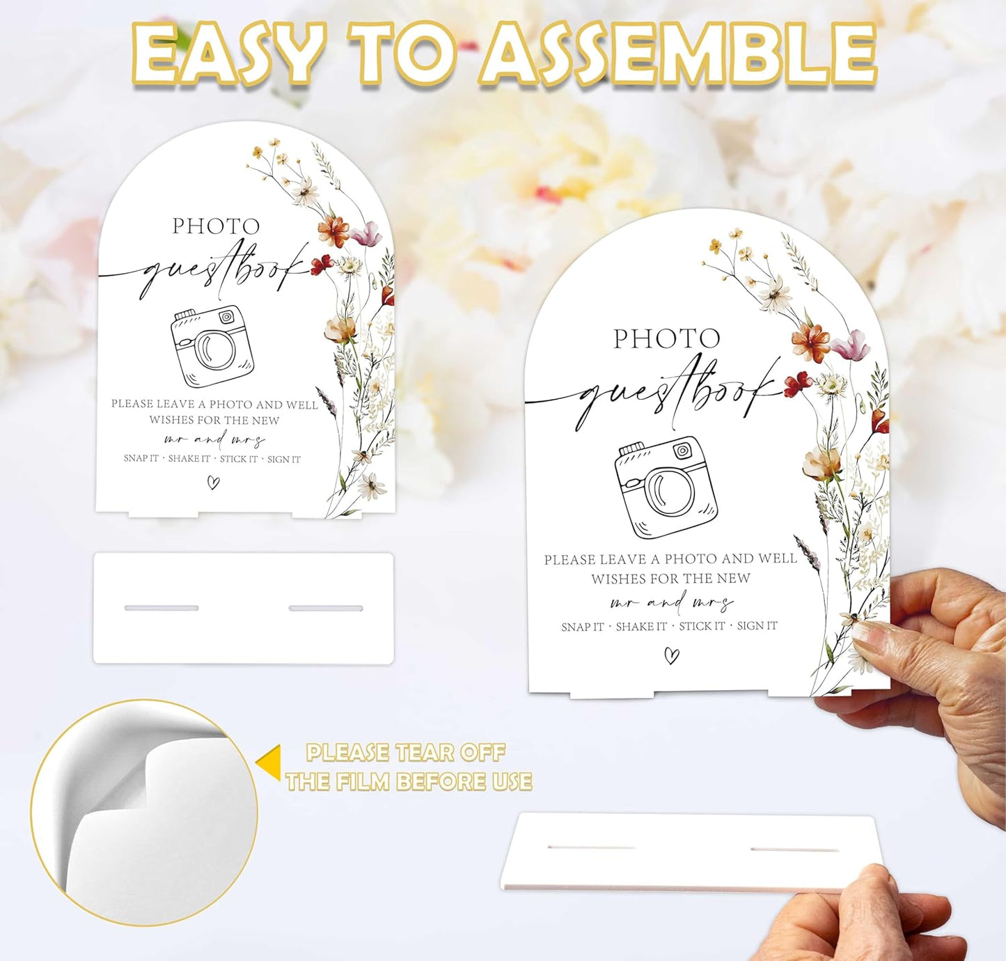 Boho Floral Photo Guestbook Sign, 6 x 8 Inch White Arch Acrylic Wedding Sign with Holder, Wedding Sign for Ceremony and Reception, Wedding Decoration, Wedding Supplies - BX06