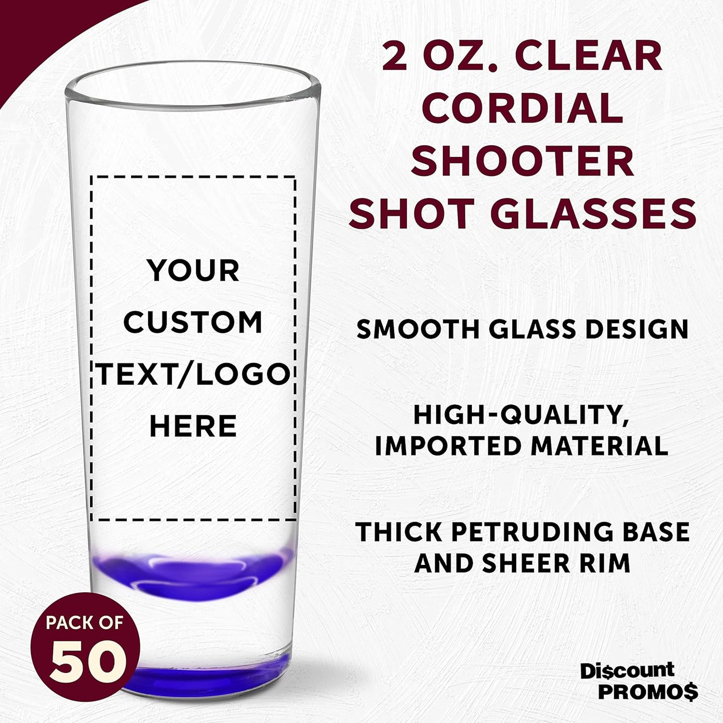 Custom Cordial Shooter Shot Glasses 2 oz. Set of 50, Personalized Bulk Pack - Great for Birthdays, Parties, Indoor & Outdoor Events - Purple