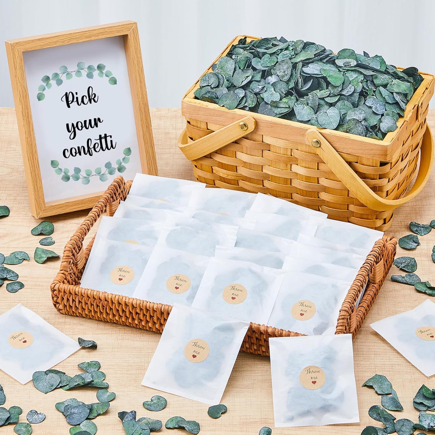 Biodegradable Confetti 10.58 Oz eucalyptus leaves Dried Flower Petals with Throw Me Stickers Confetti Biodegradable Flower Petals for Valentines Decor(Eucalyptus Leaves,Multi Color,55 Pcs)