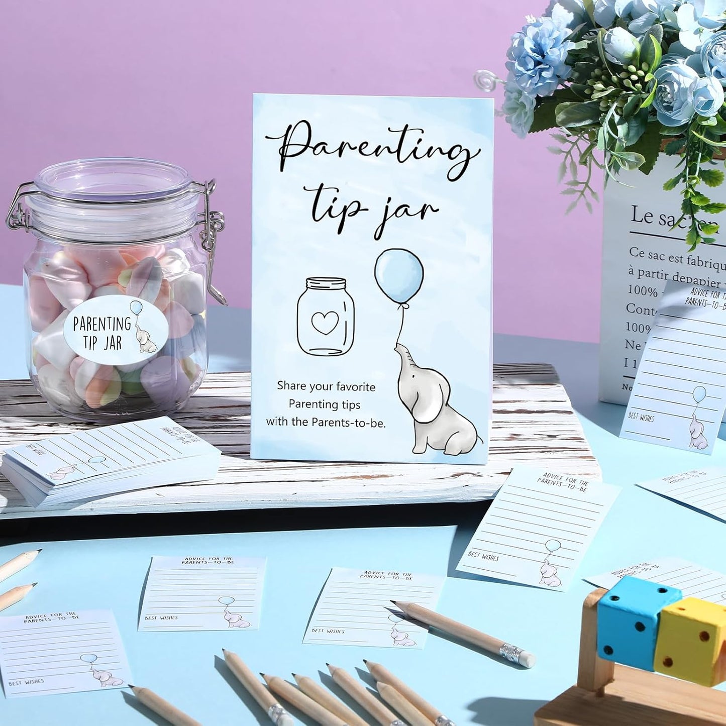 Roowest Baby Shower to Baby Advice Cards for New Parents to Be - Tip Jar Sign for New Parents 60 Parenting Advice Cards 10 HB Pencils 2 Cute Stickers 1 Pet Bottle for Guests Games(Blue Elephant)