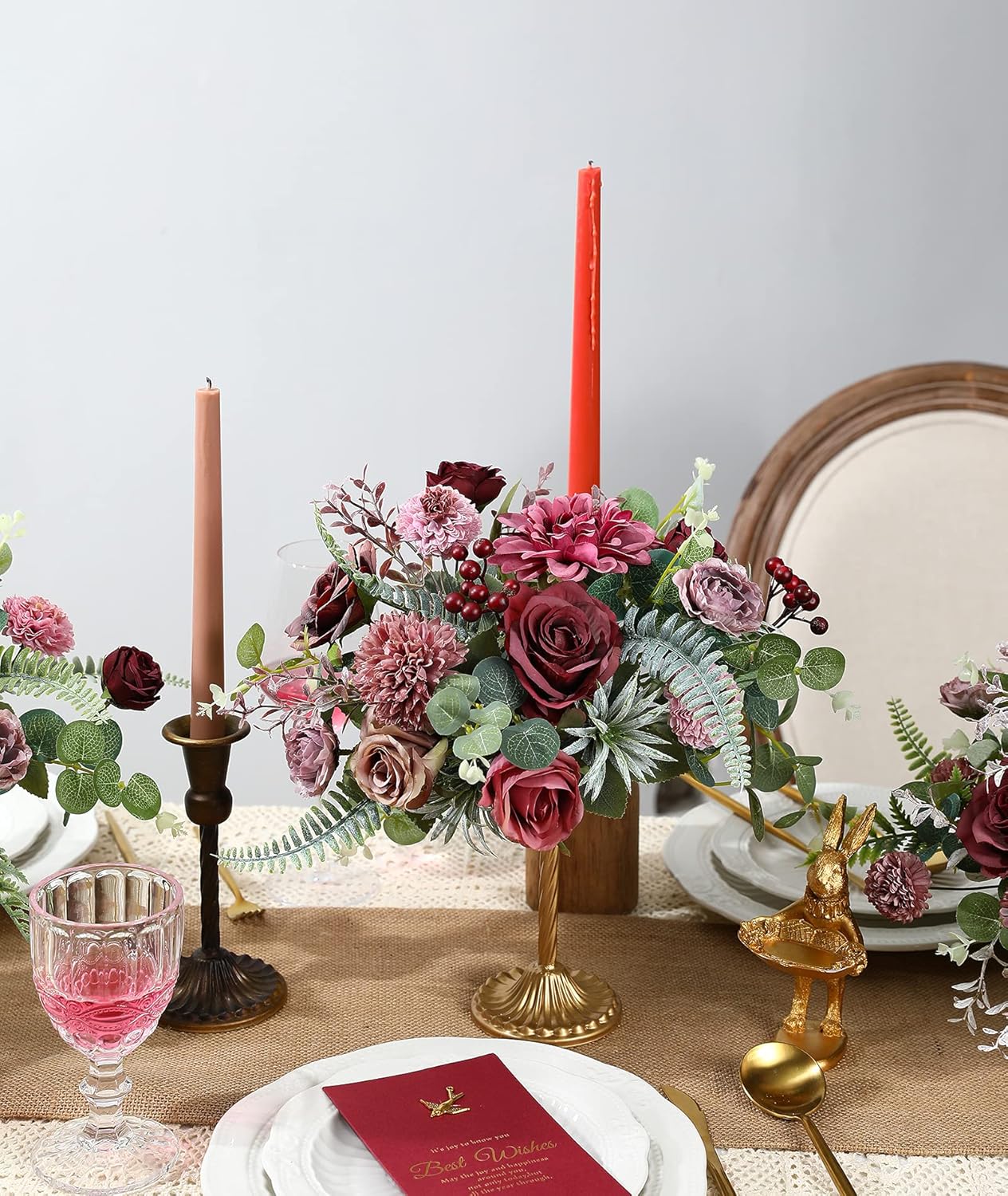 Serra Flora Artificial Flowers Combo Dahlia 25pcs Silk Fake Flowers Roses for DIY Wedding Bouquets Burgundy Centerpieces Arrangements Party Bridal Baby Shower Home Decorations(Burgundy)