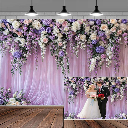 5x3ft Purple Lavender Floral Bridal Backdrop Wedding Flower Photography Backdrop for Girl Portrait Baby Shower Birthday Party Decor Banner Mother's Day Party Wall Backdrop Studio Photo Backgrounds