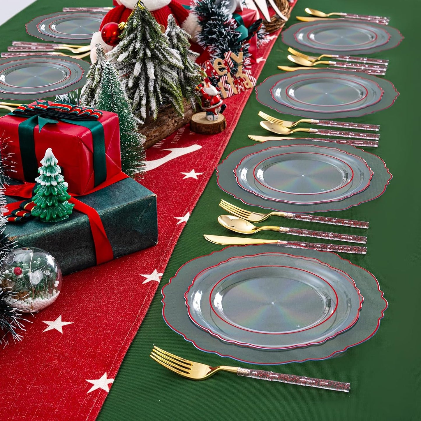 Liacere 150PCS Clear and Red Plastic Plates-Clear Red Disposable Plates with Glitter Bamboo Handle Cutlery-60 Baroque Elegant Plates,30 Forks,30 Spoons,30 Knives for Wedding&Mother's Day