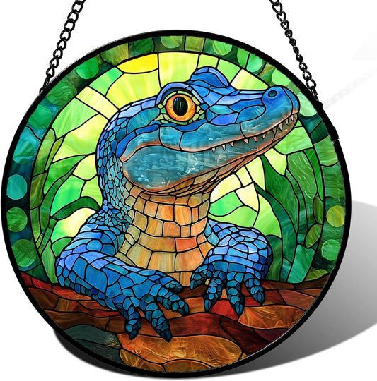 Stained Glass Window Hanging, Blue Alligator Sun Catcher for Window Door Home Decor Green Brown Suncatcher Christmas Mother's Day Birthday Gifts for Women Men Mom and Nana 9.8 in