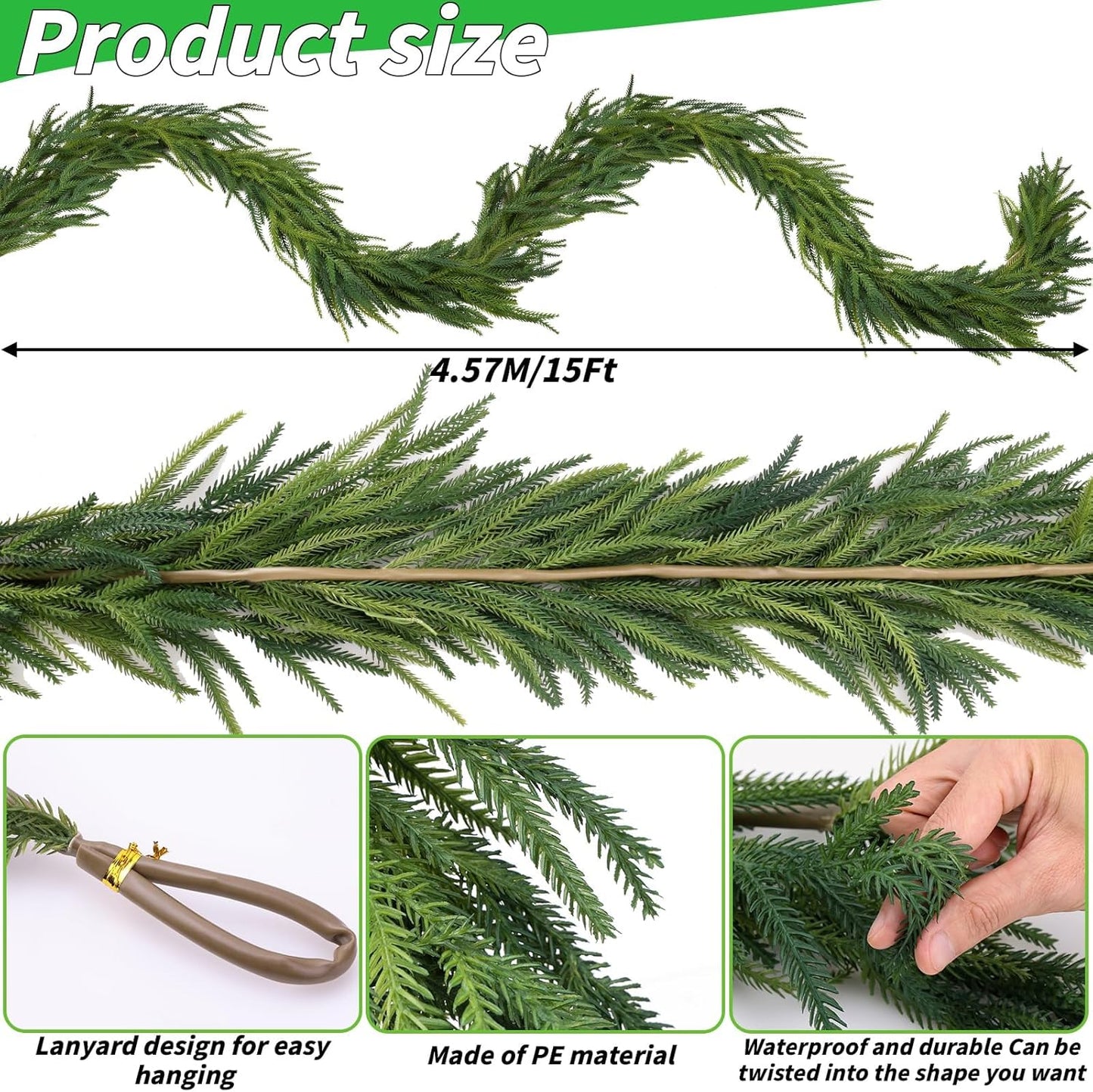 2 Pcs Artificial Norfolk Pine Garlands Christmas, 15 FT Dense Real Touch Winter Pine Garland Ornament, Green Artificial Greenery Garland for Table, Mantle, Wall, Indoor, Outdoor Christmas Decorations