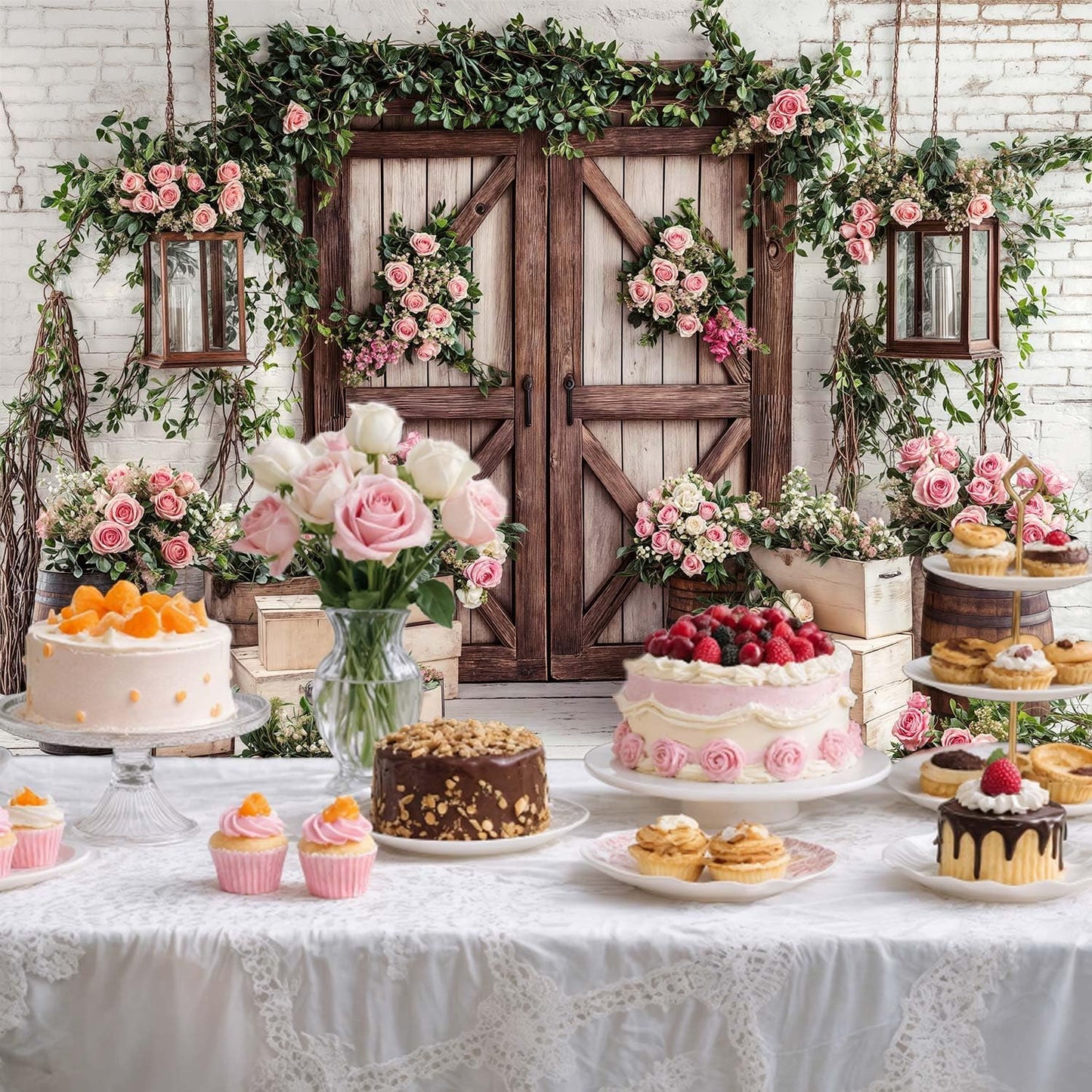12x10ft Country Wedding Photography Backdrop Floral Rustic Roses Farmhouse Wooden Door Backdrop Pink Flower Birthday Baby Shower Wedding Bridal Party Banner Photo Booth Props Anniversary Background