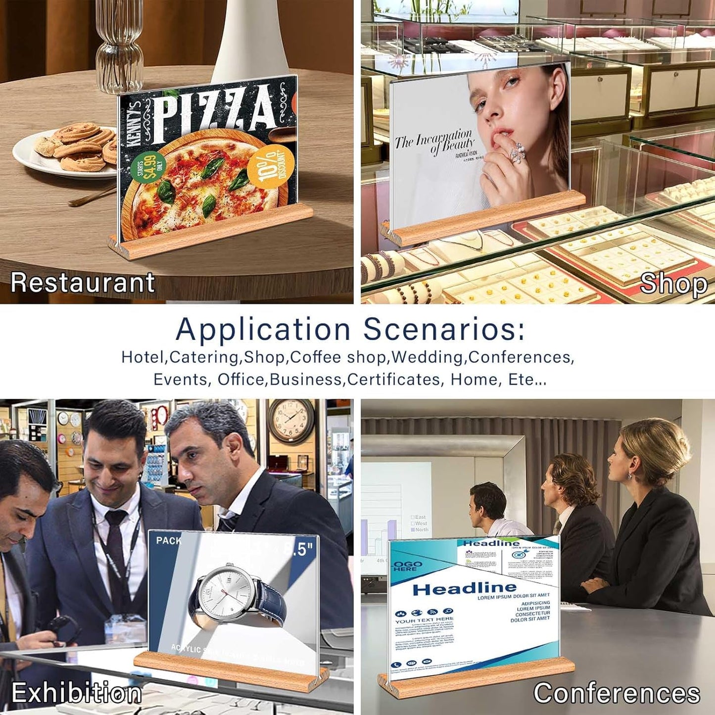 Kersally Acrylic Sign Holder 7 x 5'', 4 Pack Double-Sided Clear Table Display Stands with Wood Base,Horizontal Acrylic Frame Menu Flyer Paper Holder for Store, Restaurant, Hotel, Office, Show Fair