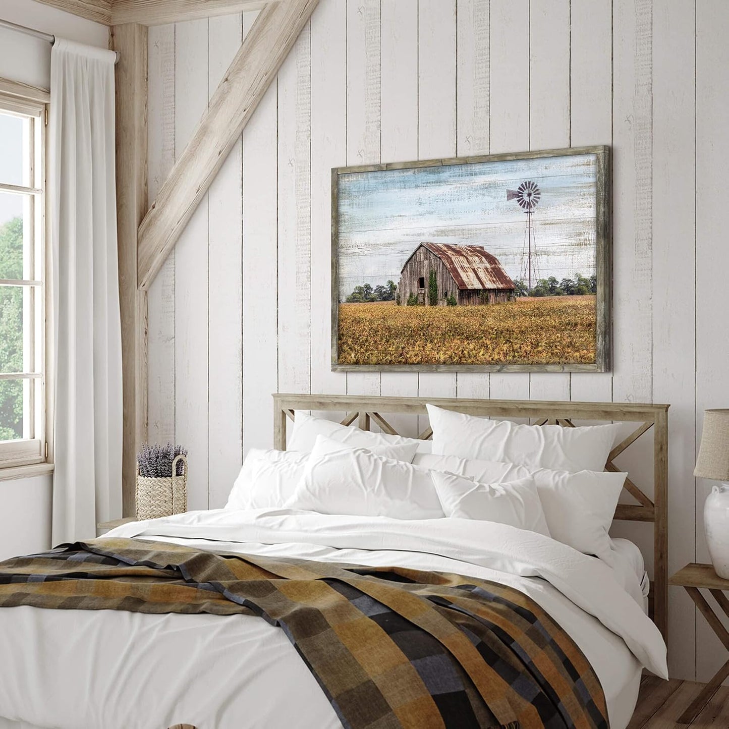 Vintage Farmhouse Wall Art Framed - Rustic Windmill Landscape Painting Artwork for Wall Decor