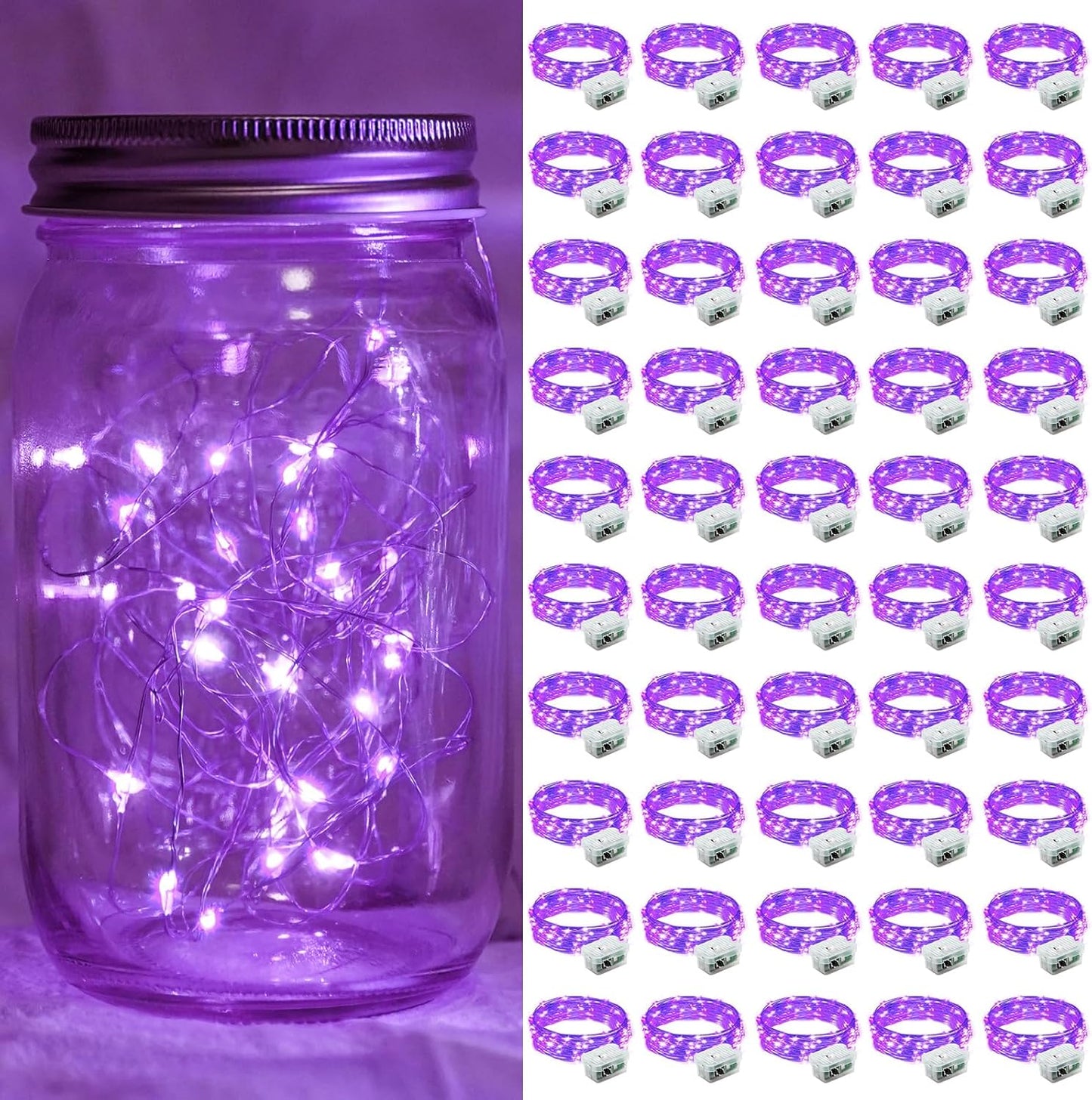 50 Pack Purple Fairy Lights 7Ft 20 LED Twinkle String Lights 3 Modes Battery Operated Waterproof Firefly Starry for Mason Jar Party Wedding Christmas Valentines Day Table Centerpieces