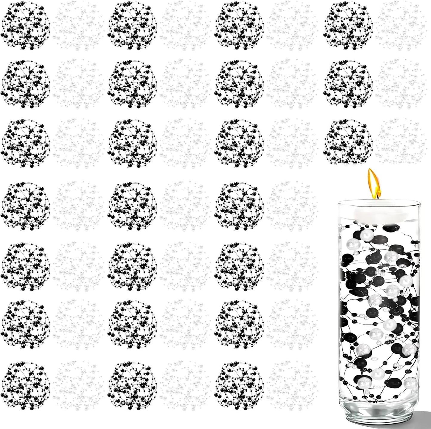 50 PCS Artificial Pearl String Beads - 10+5mm Black&White Floating Beads for Centerpieces, Vase Fillers, Wedding, Birthday Party, and Candle Decor
