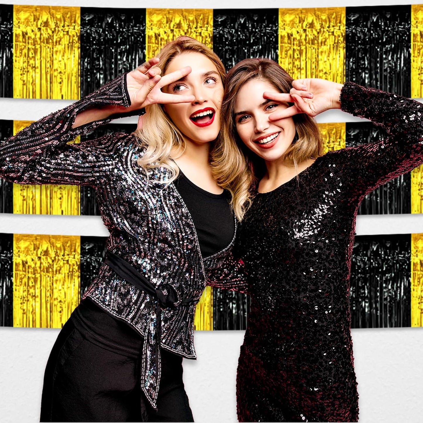 6 Pack 10 Feet Black Gold Foil Fringe Garland Metallic Tinsel Streamers Banner Wall Hanging Curtain Backdrop for Parade Floats, Birthday, Graduate, Mother's Day, Wedding Party Decoration