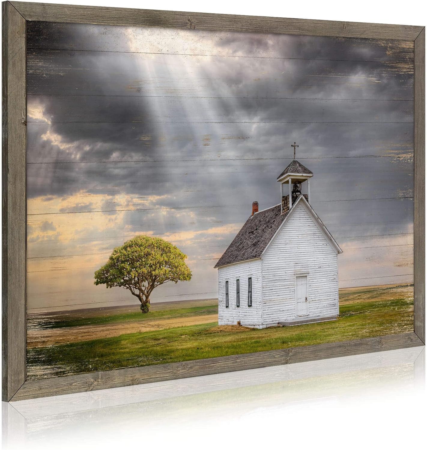 Beautiful Scene Wooden Art Framed: Little House under the Sun Wood Artwork Painting with Framed for Office (12'' x 16'' x 1 Panel)